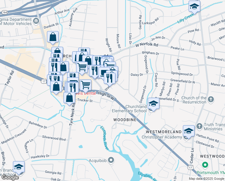 map of restaurants, bars, coffee shops, grocery stores, and more near 3205 Stamford Road in Portsmouth