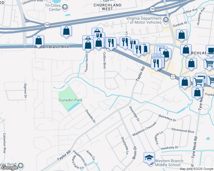 map of restaurants, bars, coffee shops, grocery stores, and more near 3427 Collins Boulevard in Chesapeake