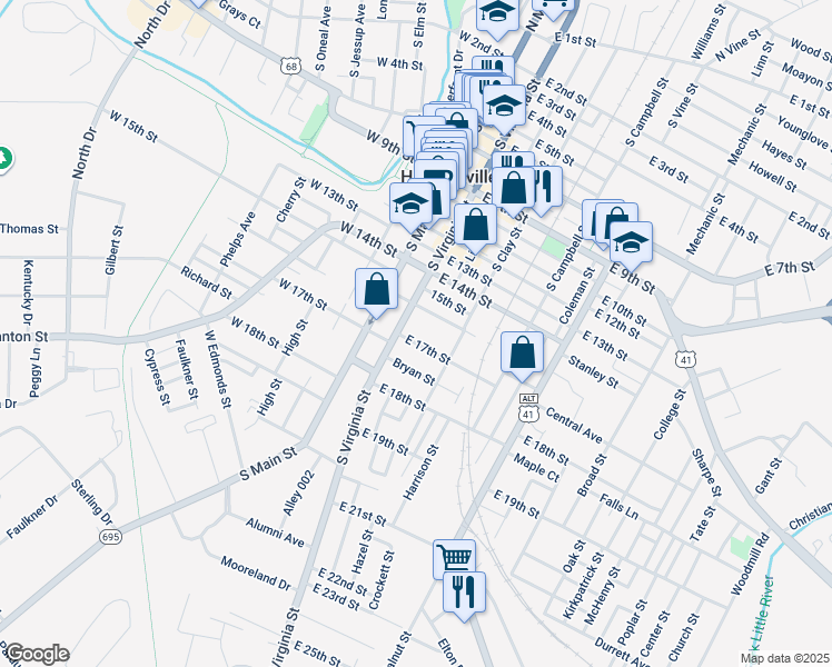 map of restaurants, bars, coffee shops, grocery stores, and more near 1610 South Virginia Street in Hopkinsville