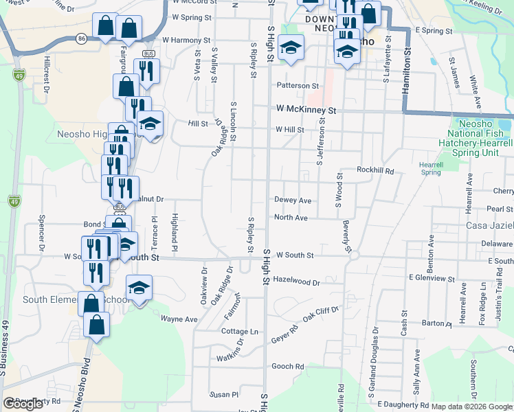 map of restaurants, bars, coffee shops, grocery stores, and more near 801-899 S Ripley St in Neosho