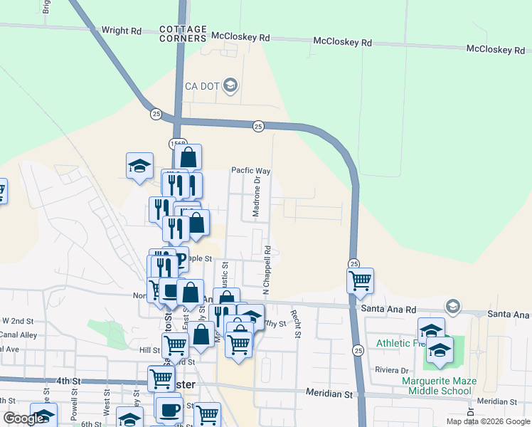 map of restaurants, bars, coffee shops, grocery stores, and more near 351 Madrone Drive in Hollister