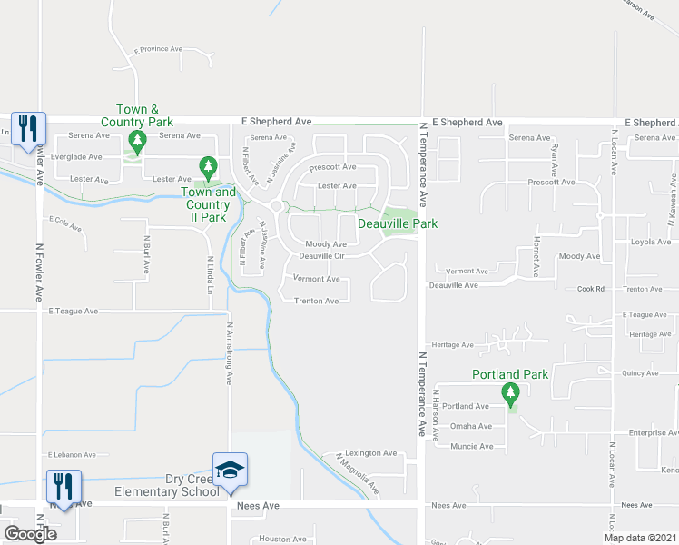 map of restaurants, bars, coffee shops, grocery stores, and more near 2421 Vermont Avenue in Clovis
