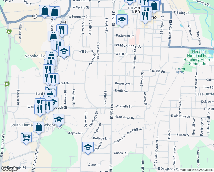 map of restaurants, bars, coffee shops, grocery stores, and more near 801 South Ripley Street in Neosho