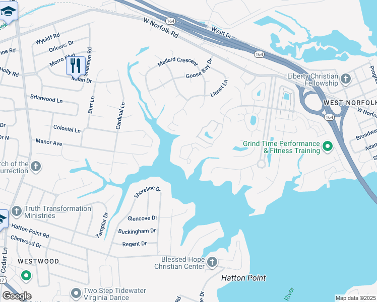 map of restaurants, bars, coffee shops, grocery stores, and more near 1505 Sawgrass Lane in Portsmouth