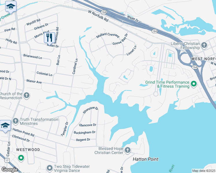 map of restaurants, bars, coffee shops, grocery stores, and more near 805 Sawgrass Lane in Portsmouth