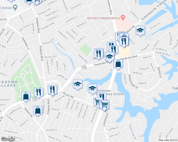 map of restaurants, bars, coffee shops, grocery stores, and more near 704 Moraine Court in Virginia Beach