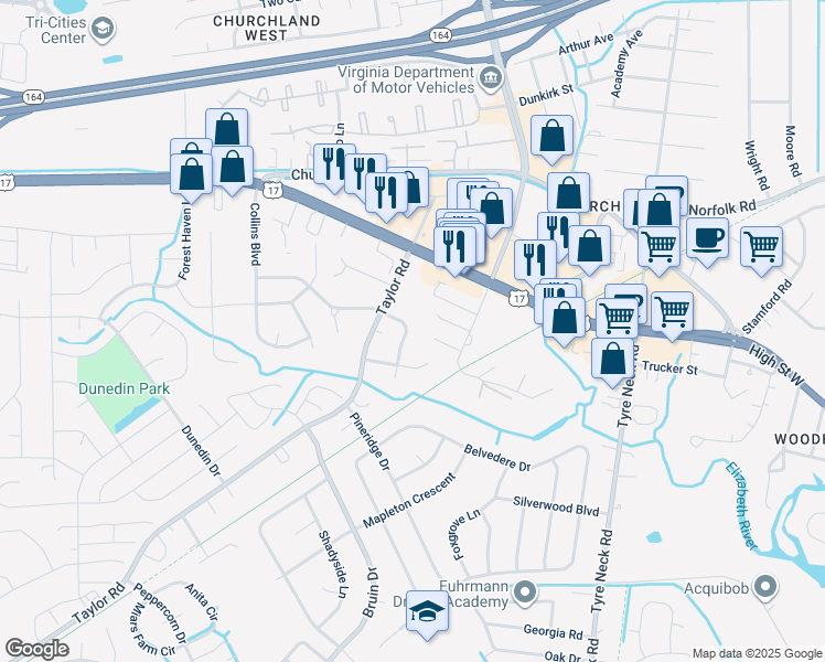 map of restaurants, bars, coffee shops, grocery stores, and more near 4313 Greendell Road in Chesapeake
