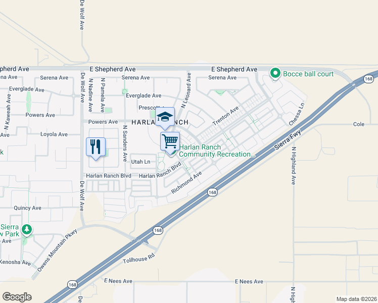 map of restaurants, bars, coffee shops, grocery stores, and more near 3855 Harlan Ranch Boulevard in Clovis