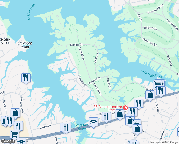 map of restaurants, bars, coffee shops, grocery stores, and more near 908 Cardinal Road in Virginia Beach