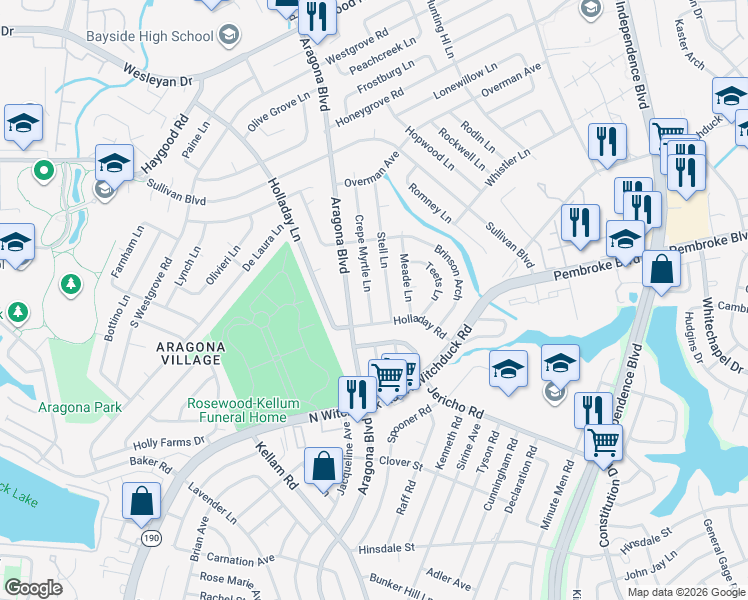 map of restaurants, bars, coffee shops, grocery stores, and more near 760 Crepe Myrtle Lane in Virginia Beach