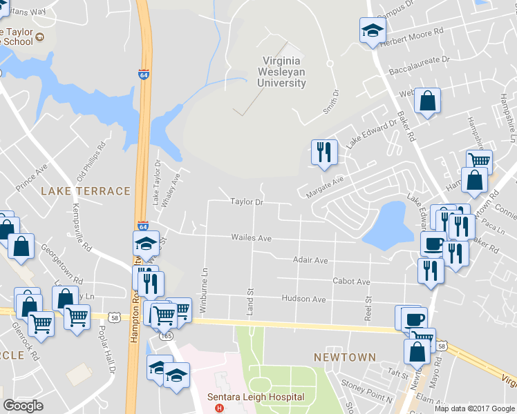 map of restaurants, bars, coffee shops, grocery stores, and more near 1242 Land Street in Norfolk