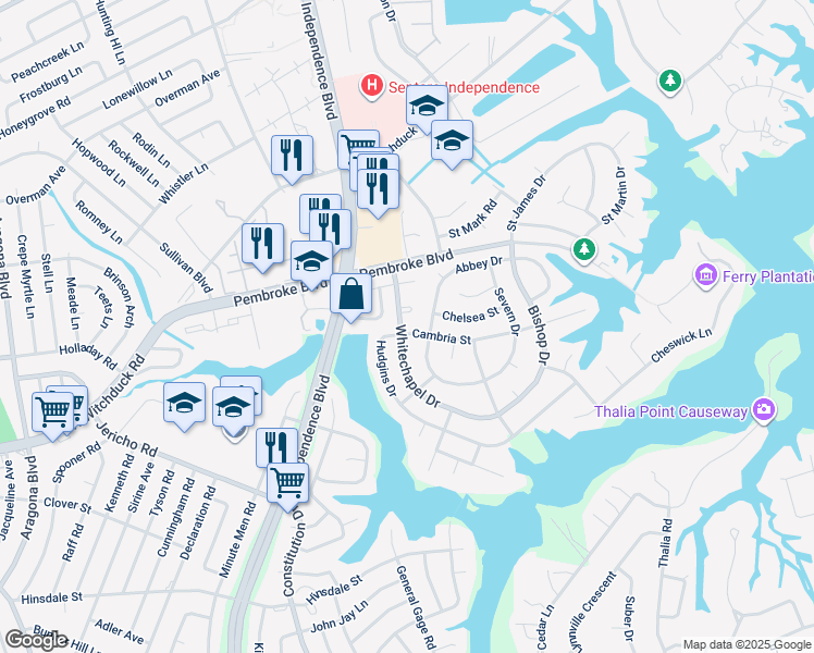 map of restaurants, bars, coffee shops, grocery stores, and more near 700 Whitechapel Drive in Virginia Beach