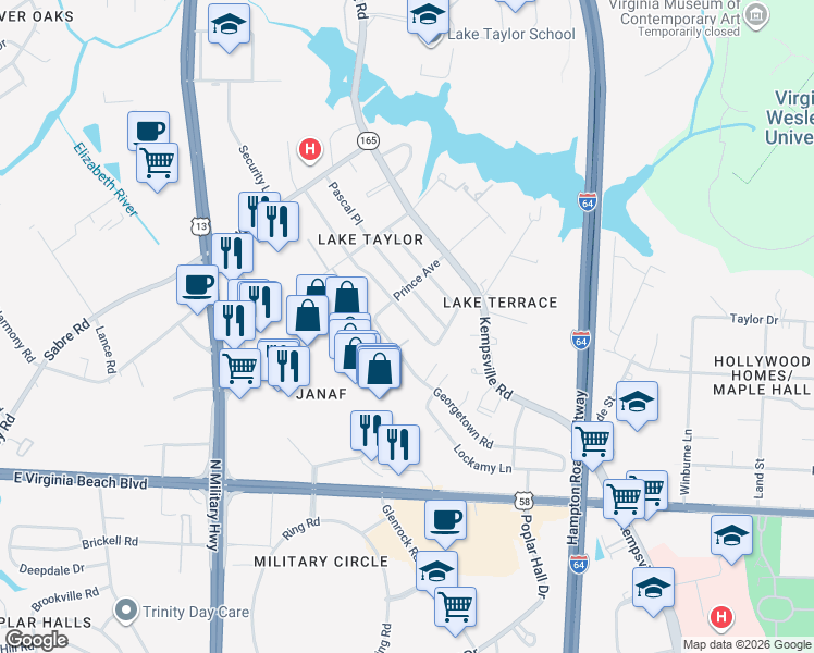 map of restaurants, bars, coffee shops, grocery stores, and more near 1153 Janaf Place in Norfolk