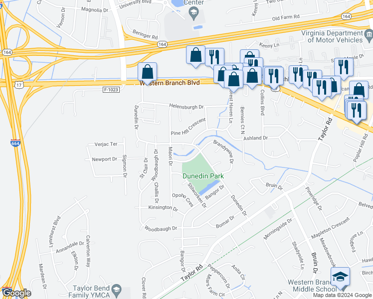 map of restaurants, bars, coffee shops, grocery stores, and more near 3403 Port Chambers Court in Chesapeake