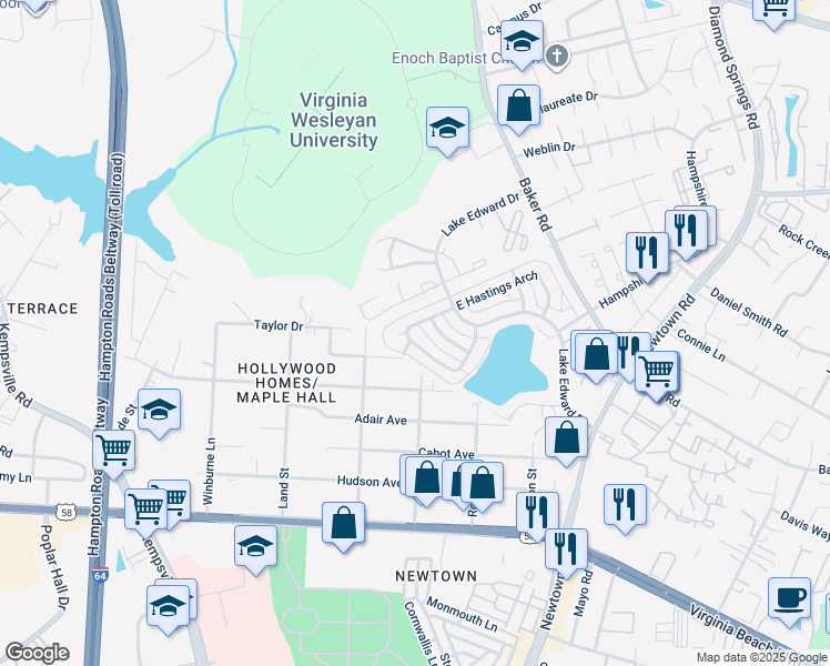 map of restaurants, bars, coffee shops, grocery stores, and more near 5828 West Hastings Arch in Virginia Beach