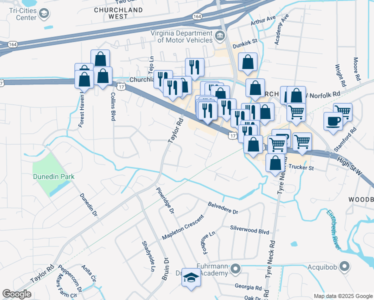 map of restaurants, bars, coffee shops, grocery stores, and more near 4313 Greendell Road in Chesapeake