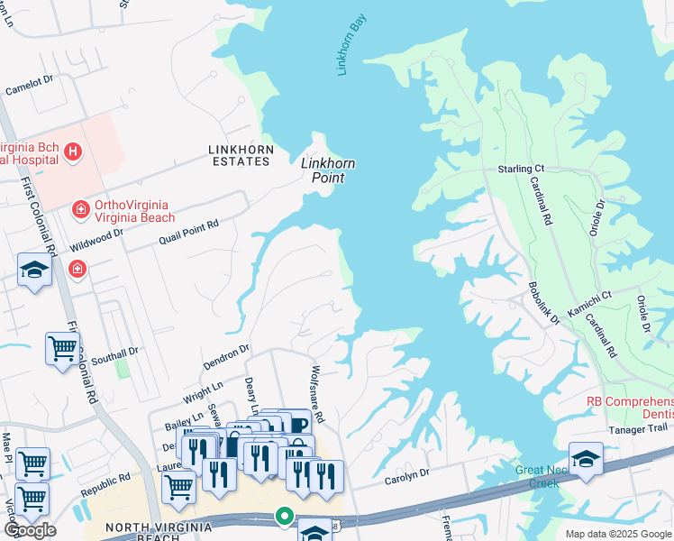 map of restaurants, bars, coffee shops, grocery stores, and more near 1500 Southwick Road in Virginia Beach