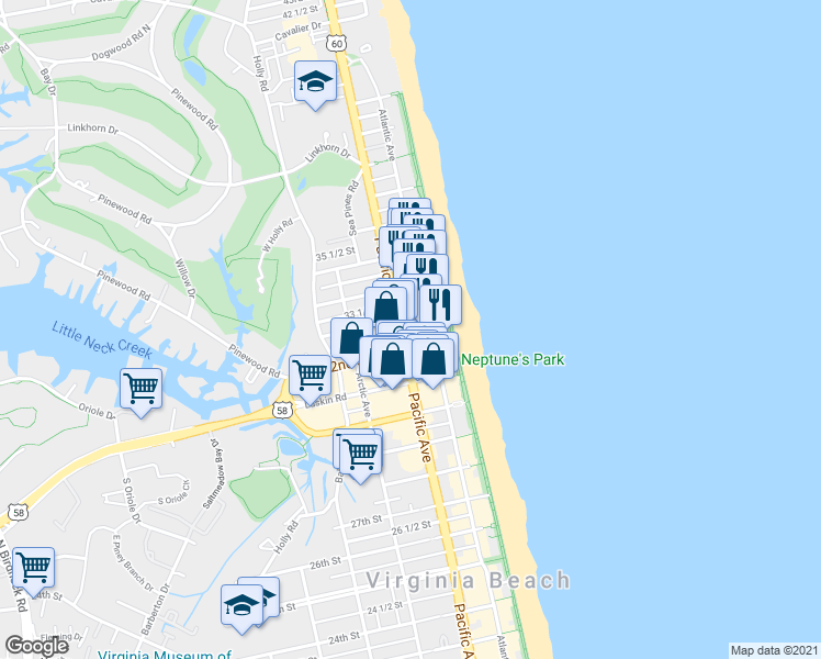 map of restaurants, bars, coffee shops, grocery stores, and more near 3316 Atlantic Avenue in Virginia Beach