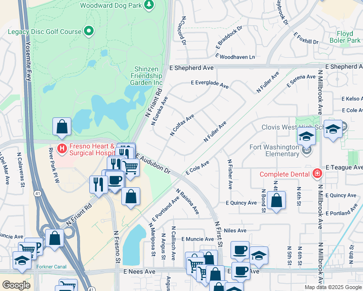 map of restaurants, bars, coffee shops, grocery stores, and more near 307 East Lisa Avenue in Fresno