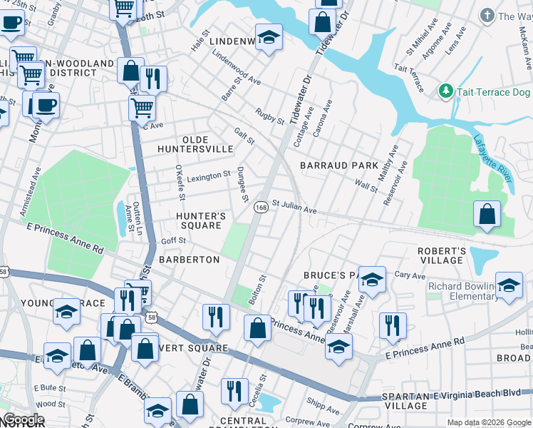 map of restaurants, bars, coffee shops, grocery stores, and more near 960 Gordon Street in Norfolk