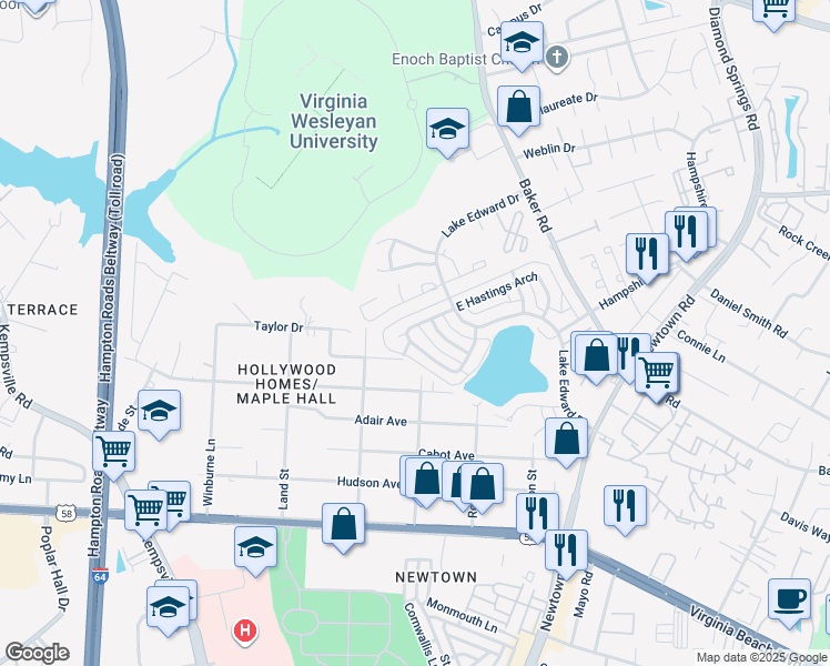 map of restaurants, bars, coffee shops, grocery stores, and more near 5828 West Hastings Arch in Virginia Beach