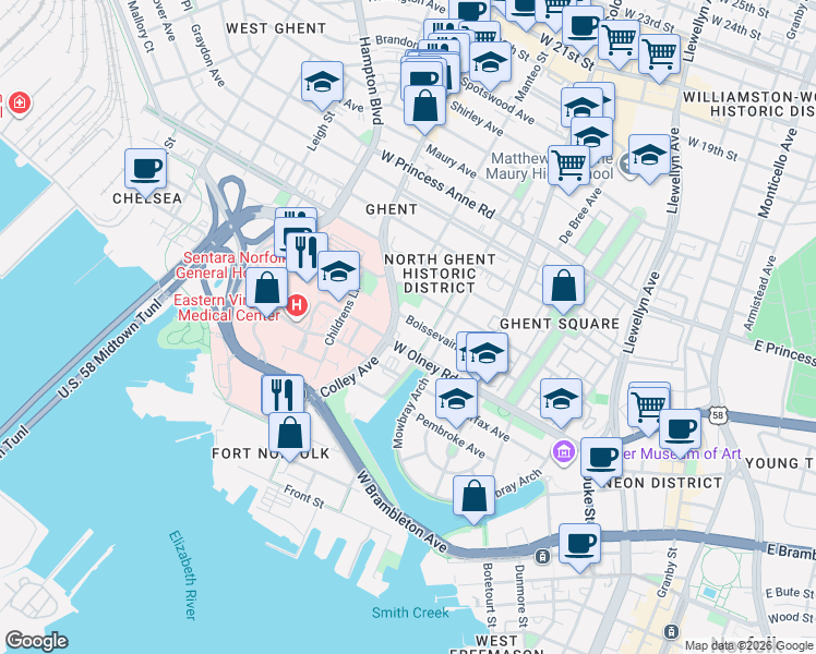 map of restaurants, bars, coffee shops, grocery stores, and more near 617 Boissevain Avenue in Norfolk