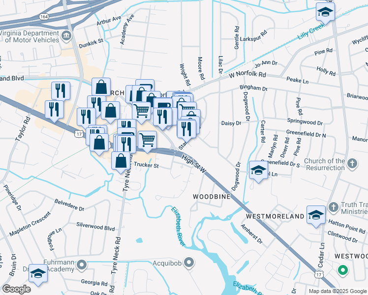 map of restaurants, bars, coffee shops, grocery stores, and more near 5680 Churchland Boulevard in Portsmouth