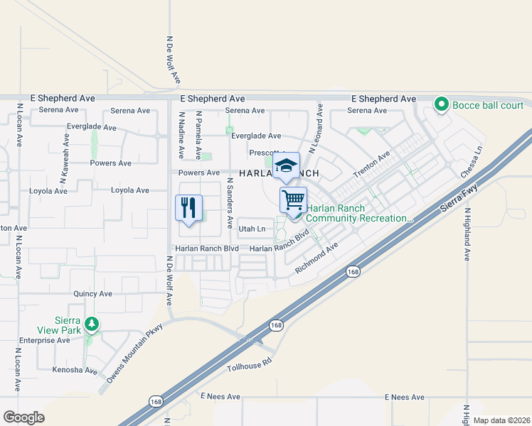 map of restaurants, bars, coffee shops, grocery stores, and more near 3683 Vermont Lane in Clovis