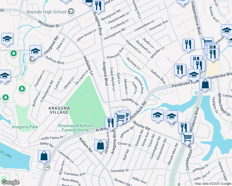 map of restaurants, bars, coffee shops, grocery stores, and more near 760 Crepe Myrtle Lane in Virginia Beach