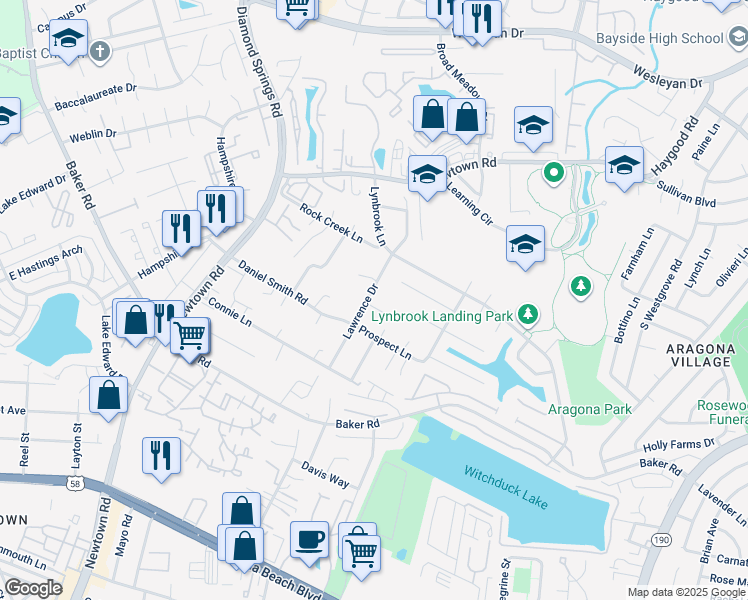 map of restaurants, bars, coffee shops, grocery stores, and more near 721 Lawrence Drive in Virginia Beach