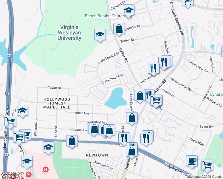 map of restaurants, bars, coffee shops, grocery stores, and more near 741 Lake Edward Drive in Virginia Beach