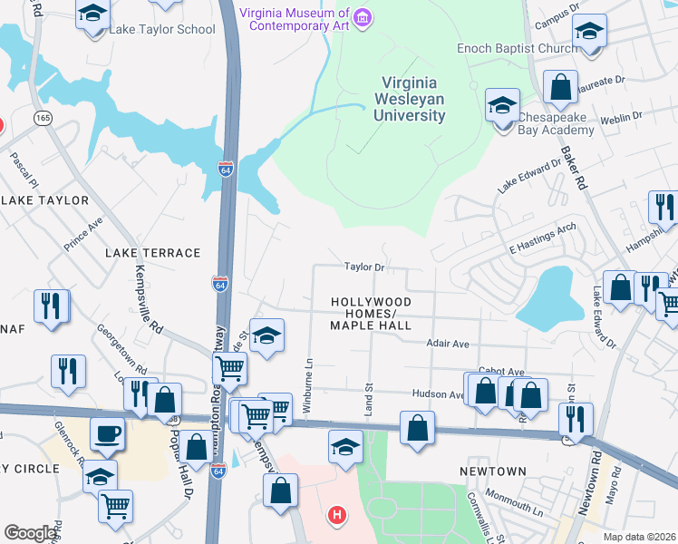 map of restaurants, bars, coffee shops, grocery stores, and more near 6272 Taylor Drive in Norfolk