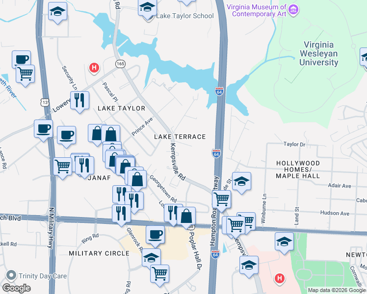map of restaurants, bars, coffee shops, grocery stores, and more near 6023 Airway Lane in Norfolk