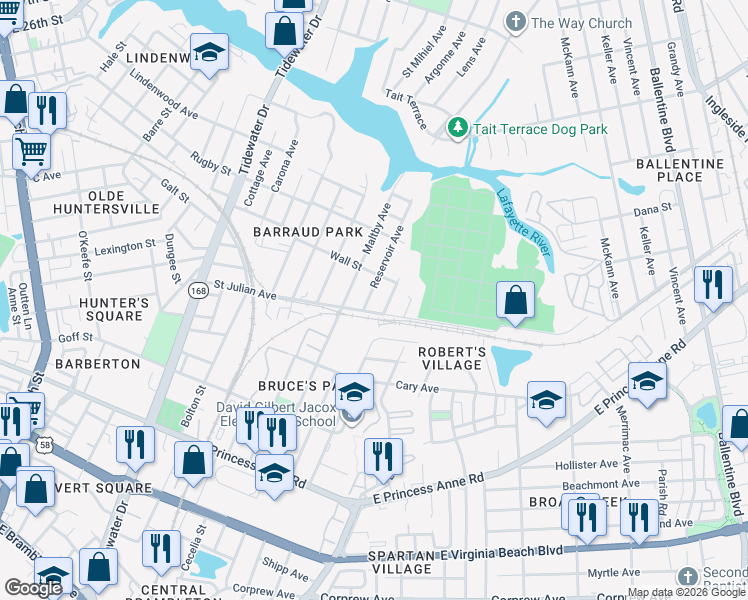 map of restaurants, bars, coffee shops, grocery stores, and more near 2213 Reservoir Avenue in Norfolk