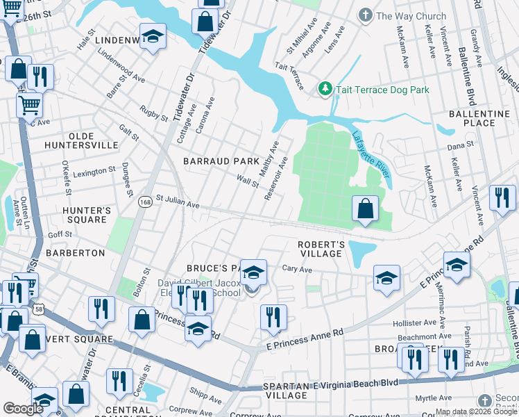 map of restaurants, bars, coffee shops, grocery stores, and more near 2213 Reservoir Avenue in Norfolk