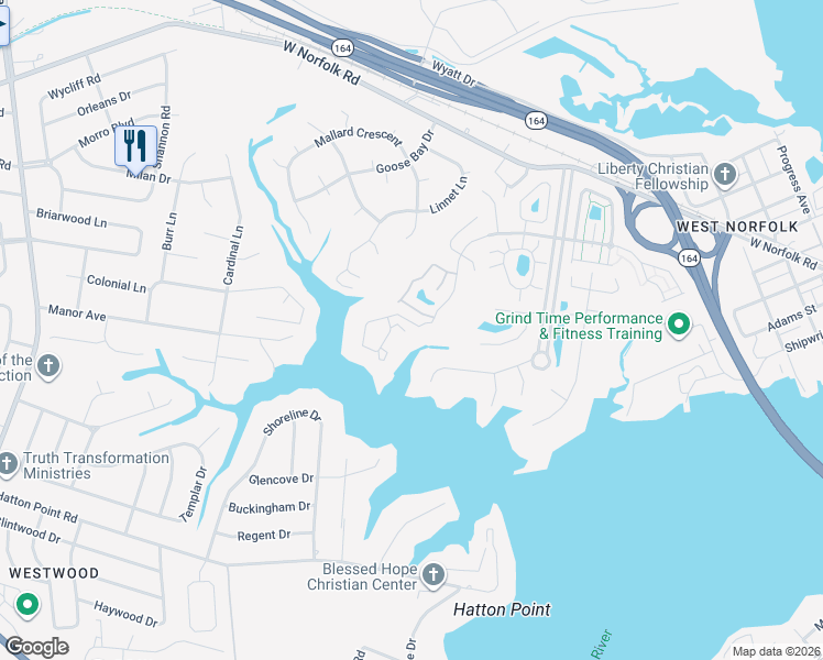 map of restaurants, bars, coffee shops, grocery stores, and more near 103 Sawgrass Lane in Portsmouth