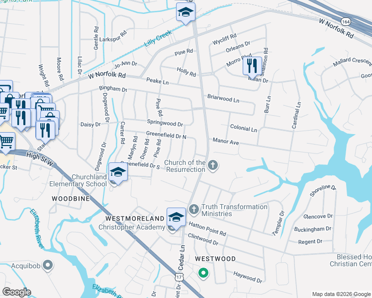 map of restaurants, bars, coffee shops, grocery stores, and more near 3525 Spence Road in Portsmouth