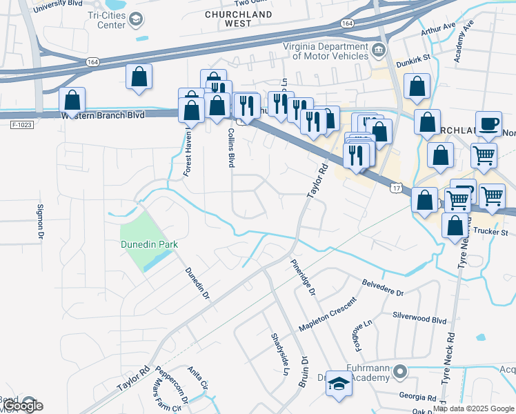map of restaurants, bars, coffee shops, grocery stores, and more near 3421 Valleyjo Place in Chesapeake