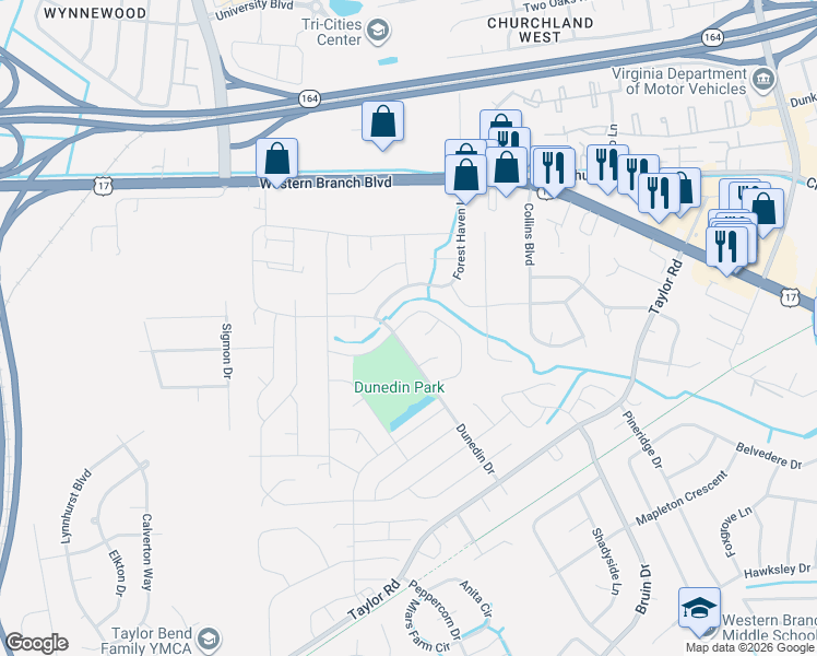 map of restaurants, bars, coffee shops, grocery stores, and more near 3361 Brandywine Drive in Chesapeake
