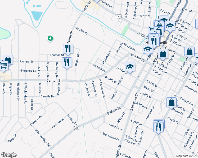 map of restaurants, bars, coffee shops, grocery stores, and more near 452-598 West Edmonds Street in Hopkinsville
