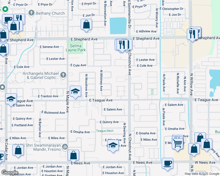 map of restaurants, bars, coffee shops, grocery stores, and more near 2287 East Vermont Avenue in Fresno