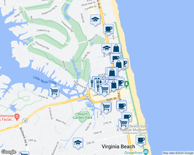 map of restaurants, bars, coffee shops, grocery stores, and more near 3301 Holly Road in Virginia Beach