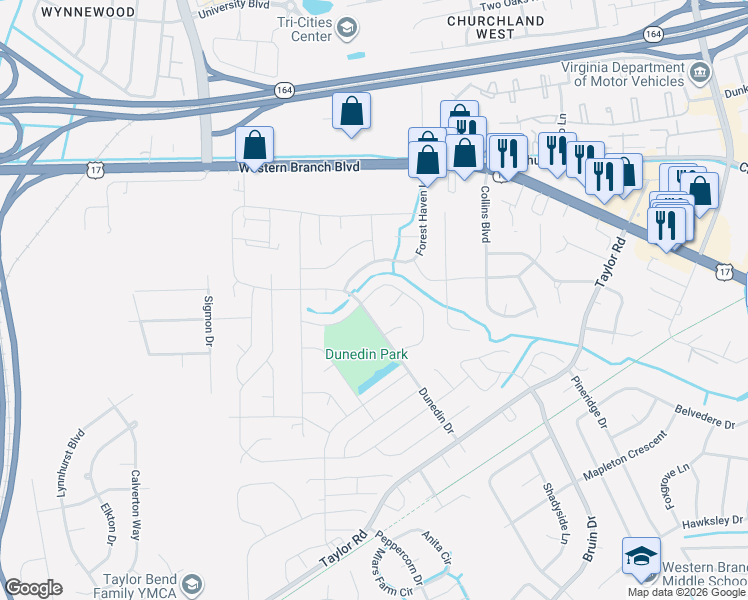 map of restaurants, bars, coffee shops, grocery stores, and more near 3361 Brandywine Drive in Chesapeake