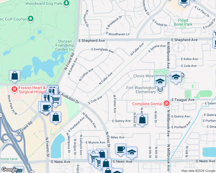 map of restaurants, bars, coffee shops, grocery stores, and more near 488 East Cole Avenue in Fresno