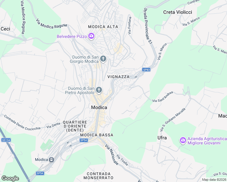 map of restaurants, bars, coffee shops, grocery stores, and more near 56 Via Marchesa Tedeschi in Modica