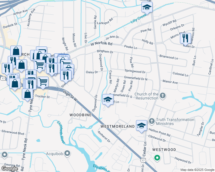 map of restaurants, bars, coffee shops, grocery stores, and more near 3512 Carter Road in Portsmouth