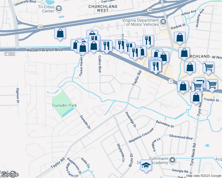 map of restaurants, bars, coffee shops, grocery stores, and more near 3421 Valleyjo Place in Chesapeake