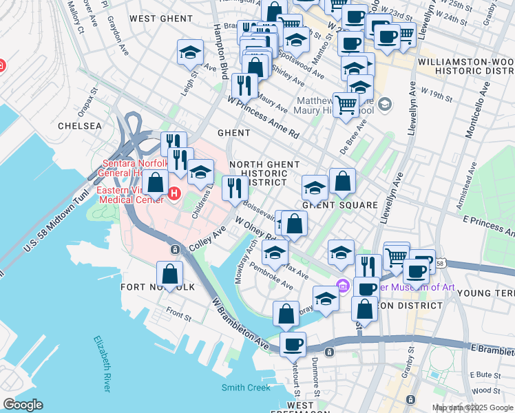 map of restaurants, bars, coffee shops, grocery stores, and more near 701 Stockley Gardens in Norfolk