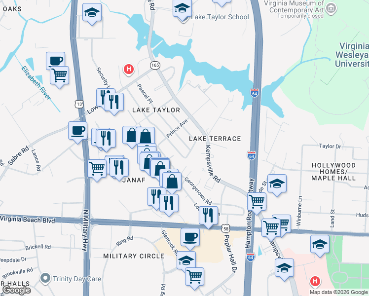 map of restaurants, bars, coffee shops, grocery stores, and more near 1137 Pascal Place in Norfolk