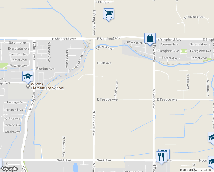 map of restaurants, bars, coffee shops, grocery stores, and more near 5090 East Teague Avenue in Clovis
